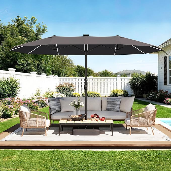 GDPFN 15ft Rectangular Patio Umbrella with Solar LED Lights, Double-Sided Outdoor Market Umbrella with Base Included, Extra Large Shade for Pool, Deck, Backyard, Garden, Dark Gray