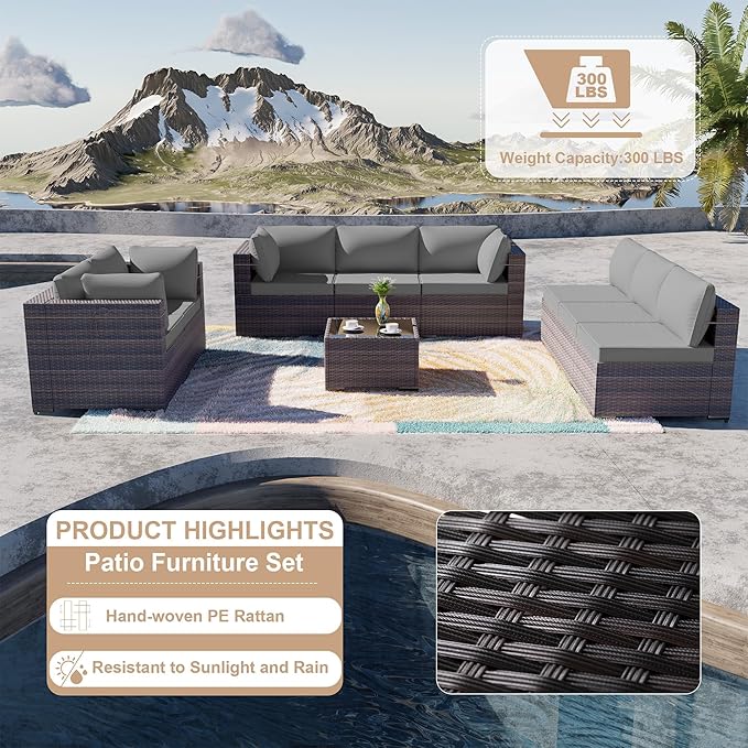 ALAULM 9 Pieces Patio Furniture Set Wicker Patio Conversation Set with 4 Corner Sofas, Outdoor Sectional Furniture w/Coffee Table & Washable Seat Cushions-Grey