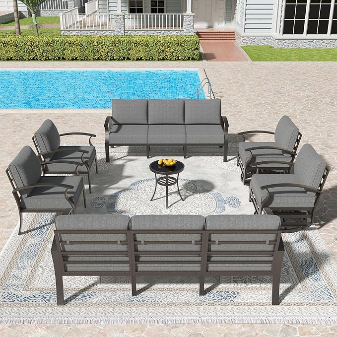Kullavik Aluminum Patio Furniture Set,7 Pieces 10 Seat Metal Outdoor Furniture Conversation Set w/5.1" Cushions,Swivel Rocking Chairs Set,Grey