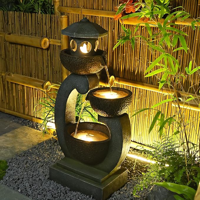 Tankana 36 inches Garden Water Fountain Outdoor Zen Pagoda Japaness Modern Tranquil Waterfalls Fountains Bowl with LED Lights & Pump for Patio Yard Porch Deck Home Decor Gray