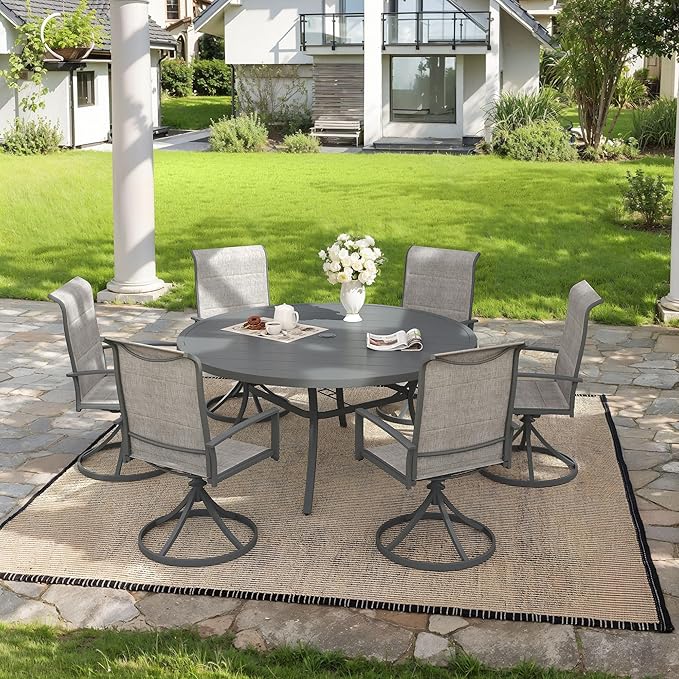 VICLLAX 7 Pieces Outdoor Dining Set, Patio Furniture Set Includes 50" Round Metal Table W/ 1.9" Umbrella Hole and 6 Padded Textilene Swivel Chairs for Porch, Lawn, Garden, Backyard