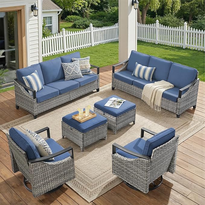 6 Piece Wicker Patio Furniture Sets-High Back Wicker Swivel Rocker Patio Chairs Set of 2 with Thick Cushions Ottomans, Outdoor Sofa, Patio Conversation Sets for Porch Balcony Patio Deck Grey/Blue