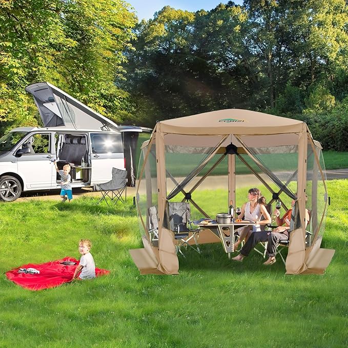 COBIZI 10x10 FT Pop up Gazebo, Popup Canopy Tent, Screened in Gazebos, Waterproof Portable Outdoor Small Screen Tents Sun Shelter,carpas para Patio for Camping, Garden and Backyard,Khaki