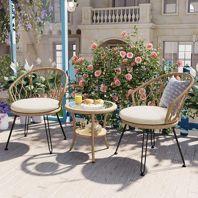 Montary 3 - Piece Outdoor Leisure Set,2 Stylish Hand - Woven Rattan Single Chairs & a Sturdy Tempered Glass Round Table - Ideal for Relaxing on Balconies and Courtyards,Natural & Beige