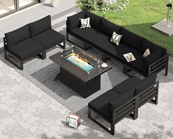 RADIATA 9 Pcs Large Modern Aluminum Outdoor Sofa with Rectangular Fire Pit Table, 29" Deep Wide Seat, 500 lbs Durable Sectional Set for Heavy People, All-Weather Patio Furniture Set for Terrace, Black