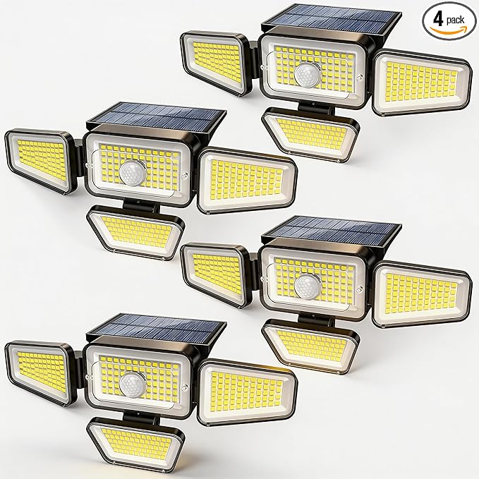 Solar Lights Outdoor, 3000LM Solar Powered Motion Sensor Light, IP65 Waterproof Security Flood Light with 3 Modes, 16-26FT Detection, 6.5-10FT Mounting Height for Wall, Garage, Yard (4 Pack)