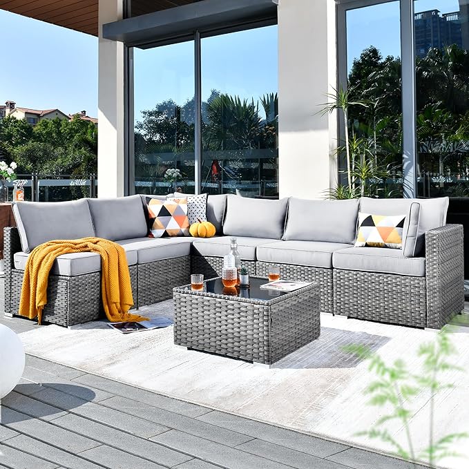 ovios Outdoor 7 Piece Coversation Set with Coffee Table,Sectional Patio Furniture Set with All-Weather Wicker Sofa,Modern Outside Couch for Balcony Backyard Pool, Grey