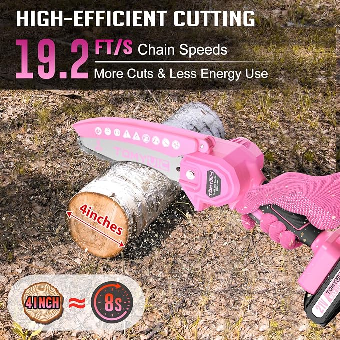Mini Chainsaw 6-Inch Battery Powered - Pink Cordless Electric Handheld Chainsaw with 2 Rechargeable Batteries - 21V Small Power Chain Saws Battery Operated for Tree Trimming Wood Cutting
