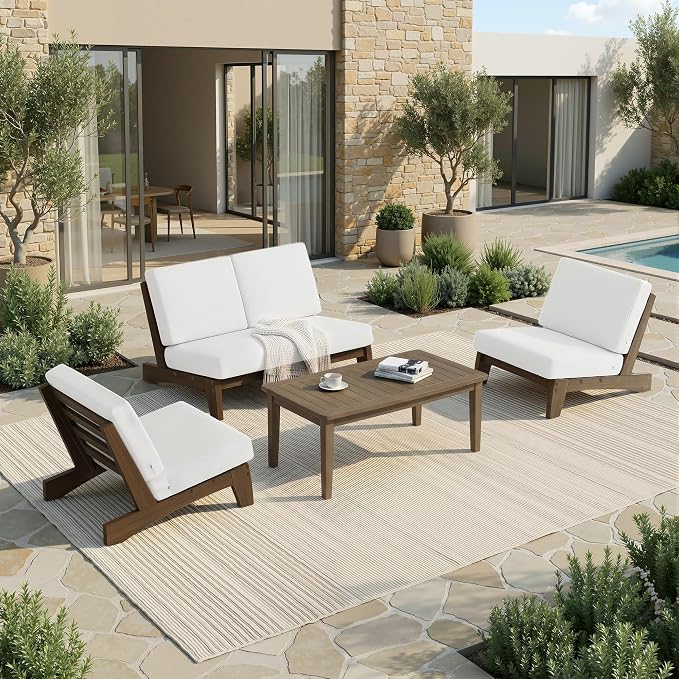 Pia Ricoo 4 Piece Patio Furniture Sets, Outdoor Loveseat Sofa Set with 2 Chairs & Coffee Table, Patio Conversation Set for Backyard, Deck, Lawn, Beige