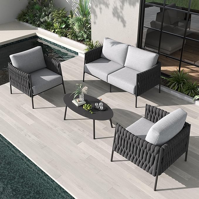 LayinSun 4 Piece Outdoor Furniture Set with Coffee Table, Modern Rope Woven Patio Conversation Sofa Set with Olefin Braid and Deep Seating