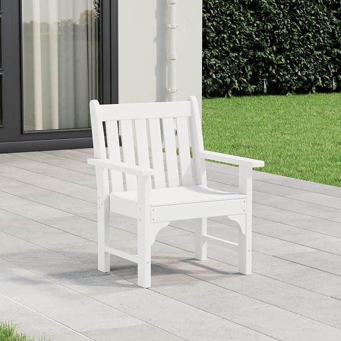 Costaelm Outdoor Dining Arm Chair, Patio HDPE Garden Dining Table Chair, Poly Lumber Waterproof Restaurant Bistro Farmhouse Chairs for Outside Porch Backyard, White