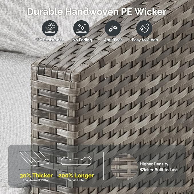 6 Piece Wicker Patio Furniture Set with Solar Table, Gray | Outdoor Deep Seating Sofa Chair Ottoman, Solar Lights Table, All Weather Rattan, Modern Conversation Set, Porch Deck Backyard