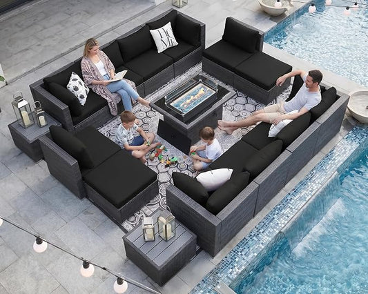NICESOUL 15 Piece Outdoor Sectional with Fire Pit Table, Modern Luxury Patio Deep Seating w/Firepit, 29.3'' High-Back Wicker Couch Thick, Big High-Weight Capacity Sofa for Terrace, Yard, Gray & Black
