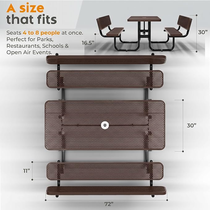 Commercial Heavy-Duty Metal Picnic Table with Backrest - ADA Compliant, Adjustable Seats, Umbrella Hole, Expanded Metal (Brown, 6' Rectangular with Back)