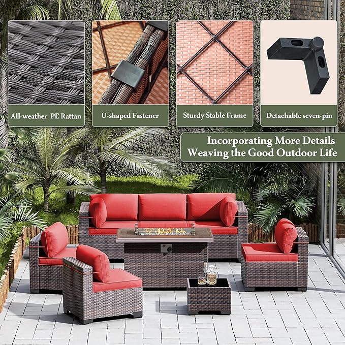 15 Pieces Outdoor Patio Furniture Set,Outdoor Sectional Furniture with 43" 55000 BTU Gas Propane Fire Pit Table,All Weather PE Rattan Wicker Patio Conversation Set,Red