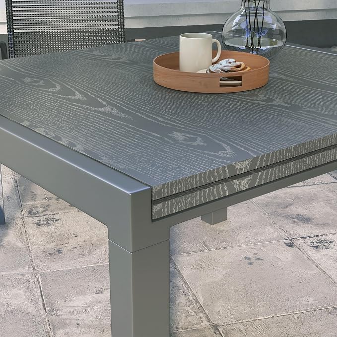 Outsunny Extendable Outdoor Dining Table, 41"- 83" Aluminum Frame Patio Table with Wood Effect Steel Top, Rectangle Expandable for 6-8, Dark Gray
