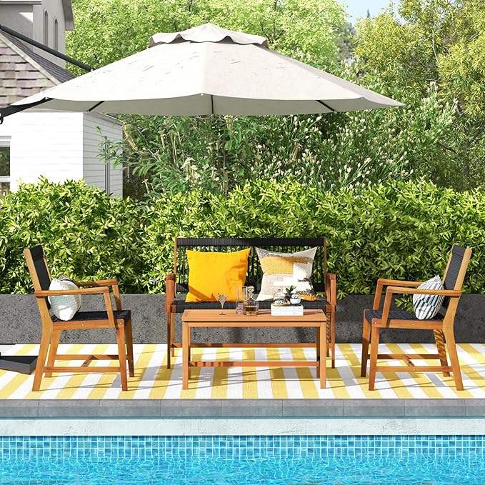 HAPPYGRILL 4 Pieces Patio Furniture Set Acacia Wood Conversation Set with Hand-Woven Rope Design, Ergonomic Loveseat & Single Chairs, Wooden Chair & Table Set for Porch Yard Poolside