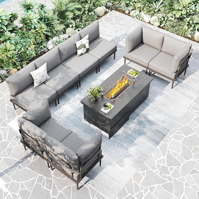 Metal Patio Furniture Set, 9 Pieces Outdoor Sectional Couch Sets with Fire Pit Table, 6" Thick Cushion Outdoor Conversation Set for Deck, Patio & Courtyard (Gray)