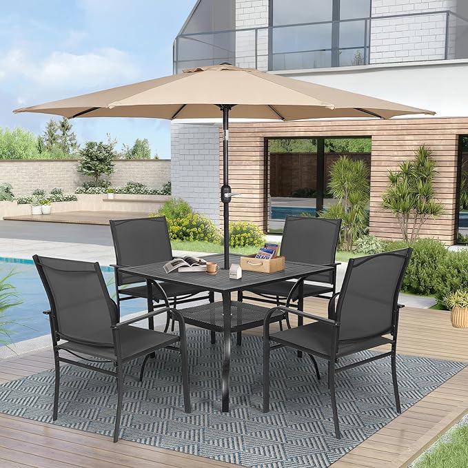Crownland 5 Piece Patio Dining Set, Textilene Dining Sets, 4 Textilene Metal Chairs and Square Outdoor Dining Table with Khaki 9FT Round Outdoor Umbrella (Black)