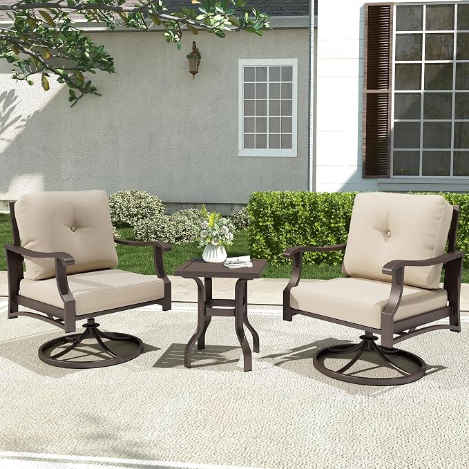 Outdoor Swivel Rocking Chairs, 3 Piece Metal Patio Rocker Chair w/Coffee Table, Aluminum Patio Bistro Furniture Set with 5" Thickened Cushions for Porch, Yard, Balcony, Beige