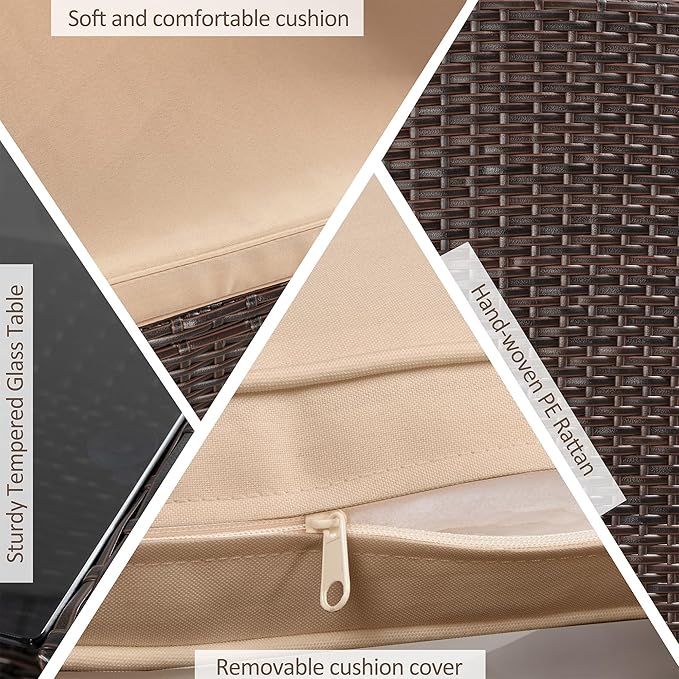 Shintenchi 4 Piece Patio Furniture Set, Outdoor Rattan Conversation Set with Coffee Table, Outside Wicker Sectional Sofa Couch with Cushion, Brown and Khaki