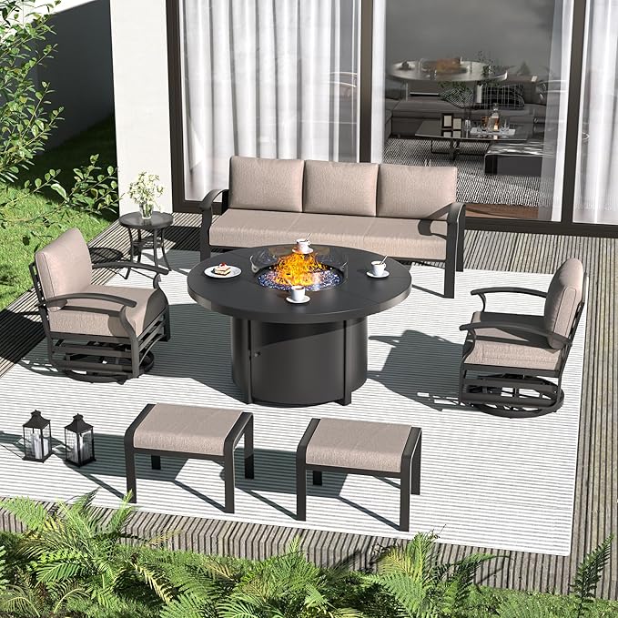 ALAULM Aluminum Patio Furniture Set with Round Propane Fire Pit Table 7-seat Metal Outdoor Furniture w/Swivel Chairs & 2 Ottomans Patio Sectional Sofas for Patio, Lawn, Poolside（Sand