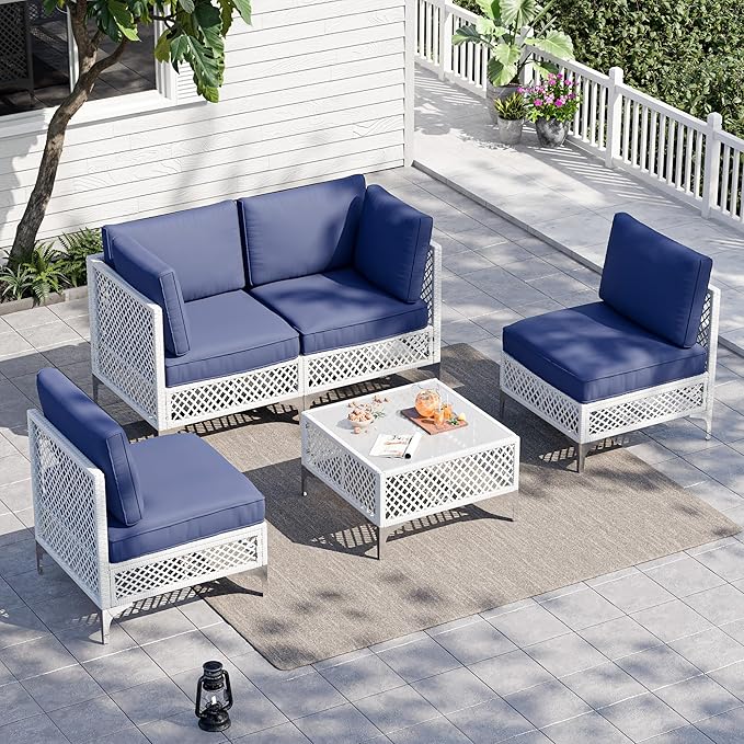 Vikiullf Patio Conversation Set, 5 Piece Outdoor Sectional Sofa Set with Coffee Table, Outdoor Wicker Furniture Set, for Small Patio, Balcony