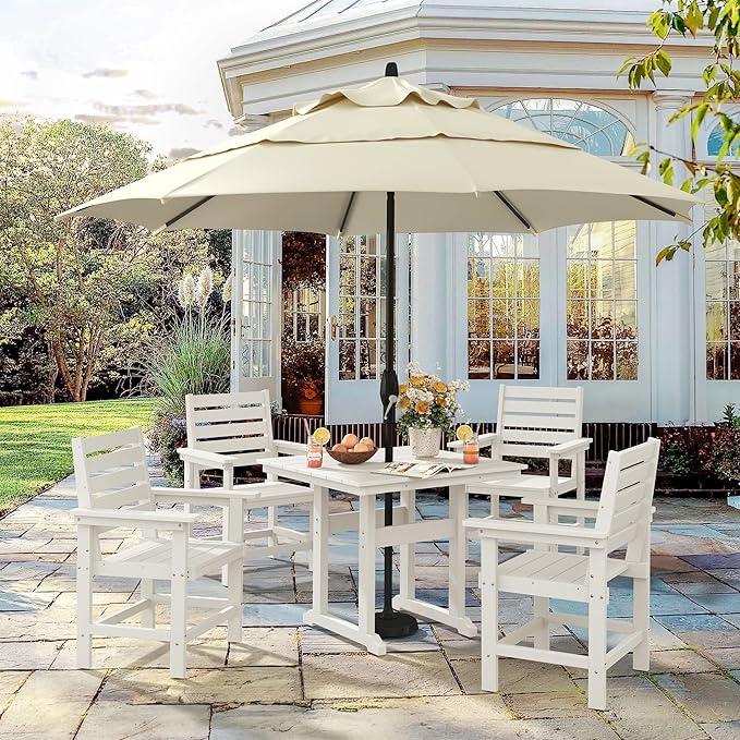 5 Piece Patio Dining Set, 35" Square HDPS Weather Resistant Outdoor Table & 4 Patio Chairs Set with 1.96" Umbrella Hole, Heavy Duty for Small Space Backyard Balcony, White