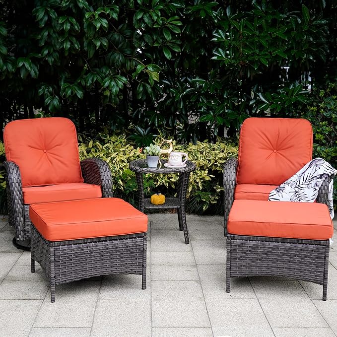 Patio Furniture Conversation Set with Ottomans, 5 Piece Wicker Patio Swivel Rocking Chairs with 360° Swivel Glider and Glass Coffee Table for Porch, Deck, Garden,Red