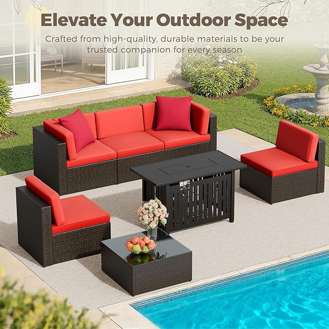 Flamaker 7 Pieces Patio Furniture Set with Fire Pit Table Outdoor Sectional Patio Sofa Furniture Set with Gas Fire Pit and Coffee Table & Ottoman Cushion Pillows, Red