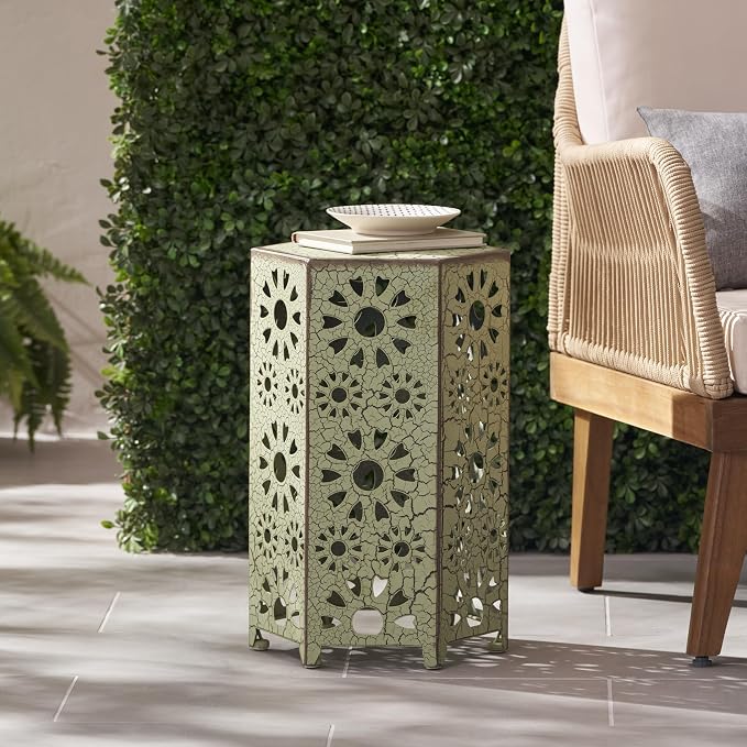 Merax Iron Patio Side Table with Sunburst Cut Out Design 12"x18.5" Outdoor End Table Hexahedron Accent Table (Green)
