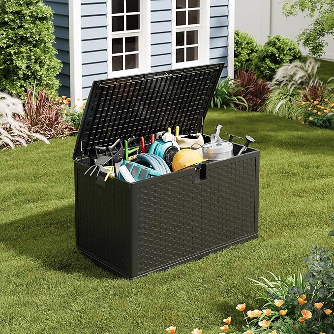 IDEALHOUSE 120 Gallon Resin Deck Box, Waterproof Outdoor Storage Box with Lockable Lid & UV Resistant, Patio Furniture Cushion Storage Container for Garden, Backyard, Poolside (Black)