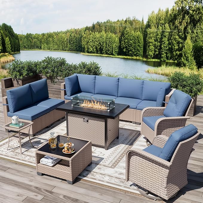 11 Pieces Patio Furniture Set with Fire Pit Table, Outdoor Sectional Wicker Sofa with Thick Cushions, High Back Swivel Rocker Patio Chairs, Rattan Conversation Set with Coffee Table, Navy