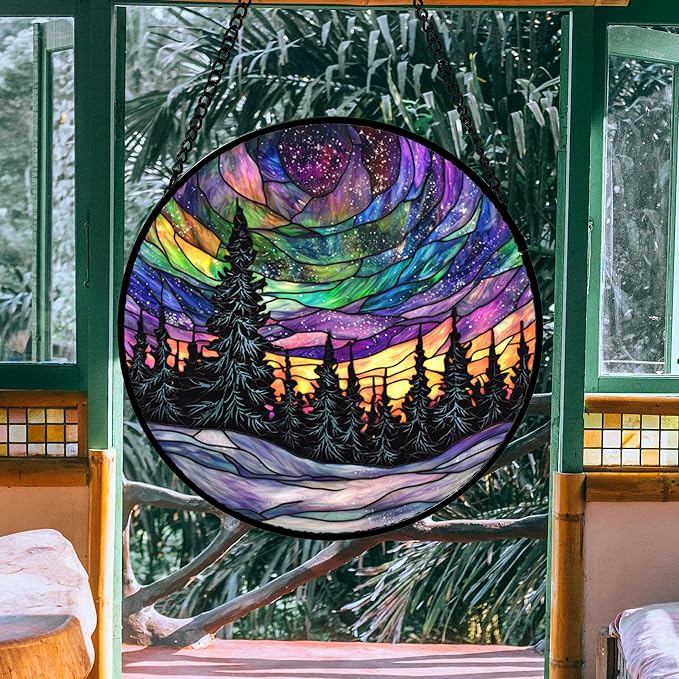 DASTOLL Stained Glass Window Hanging, Van Gogh Night Scene Sun Catchers Colorful Glass Panel Starry Sky Suncatcher Decor for Birthday for Women, Men, Wife, Aunt, and Mom 14.9x14.9 in