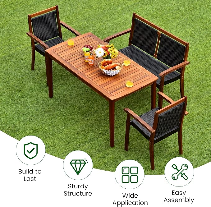 Tangkula 4 Pieces Patio Dining Set, Patiojoy Outdoor PE Rattan & Acacia Wood Dining Table Set with Umbrella Hole, Patio Armchairs and Rectangle Table Set for Garden, Backyard and Poolside