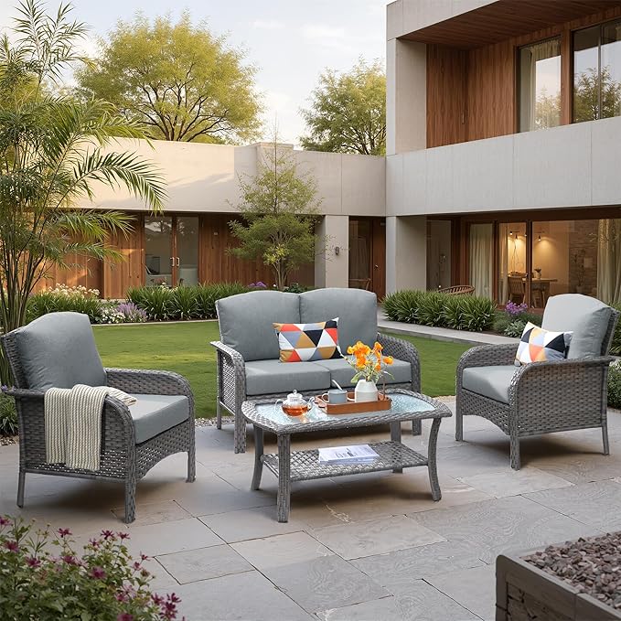 4 PCS Outdoor Patio Furniture Set with Glass Table, All-Weather Rattan Wicker Outdoor Conversation Set with Thickened Cushions for Balcony Backyard Garden Lawn,Dark Grey