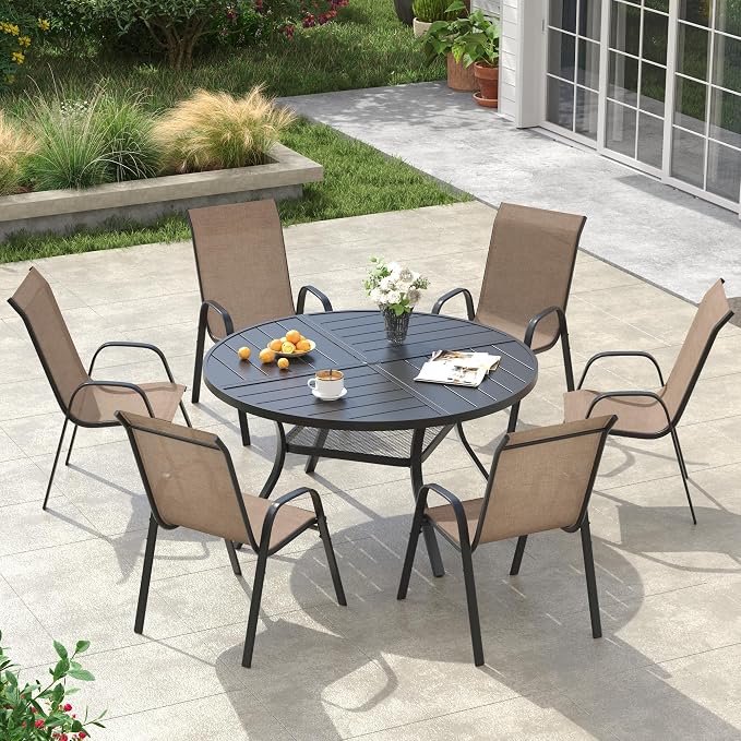 VICLLAX Round Outdoor Patio Dining Set for 6, Metal Slatted Patio Table with Umbrella Hole and 6 Stackable Patio Chairs for Deck Lawn Garden, Brown Fabric and Black Tabletop