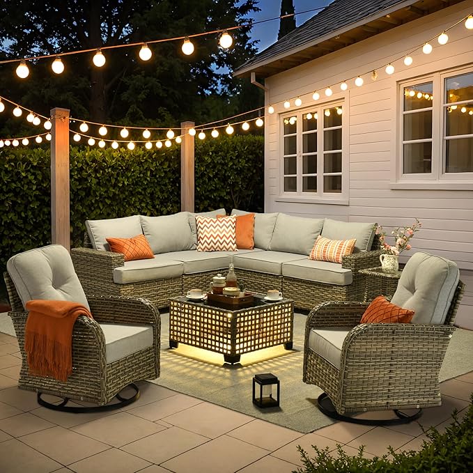 9 Pcs Outdoor Sectional Patio Furniture Set with Swivel Rocking Chair - All Weather Wicker Modular L Shaped Outside Sectional Couch,Patio Seating Outdoor Conversation Sets for Deck Yard,Grey