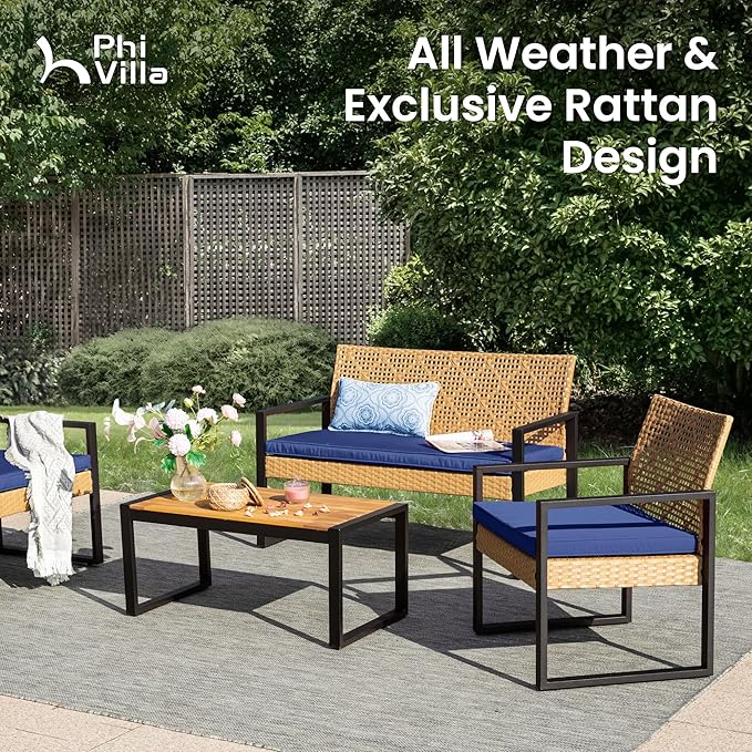 PHI VILLA Patio Wicker Furniture Set for 4, Yellow Rattan Loveseat & Chairs with Blue Cushions & Acacia Wood Coffee Table, Outdoor Modern Conversation Sofa Set for Deck, Yard, Porch