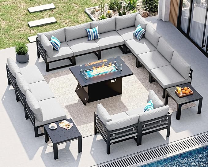 NICESOUL 15 Piece Oversized Aluminum Outdoor Patio Furniture Set with Fire Pit Table & Side Table, 29" Deep Wide Sectional Seating, 500 lbs High Weight Capacity Conversation Set for Deck, Light Gray