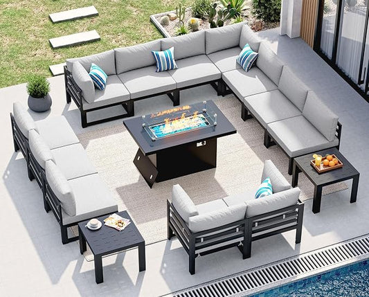 NICESOUL 15 Piece Oversized Aluminum Outdoor Patio Furniture Set with Fire Pit Table & Side Table, 29" Deep Wide Sectional Seating, 500 lbs High Weight Capacity Conversation Set for Deck, Light Gray