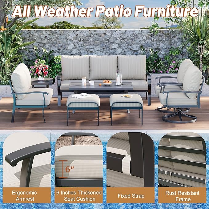 HOMREST Outdoor Furniture Thickened Cushion 360 Degree Swivel Rocking Patio Chairs with Ottomans and 3-Seat Sofa, Loveseat, Coffee Side Table, 8 PCS Metal Conversation Set for Garden, Deck, Poolside