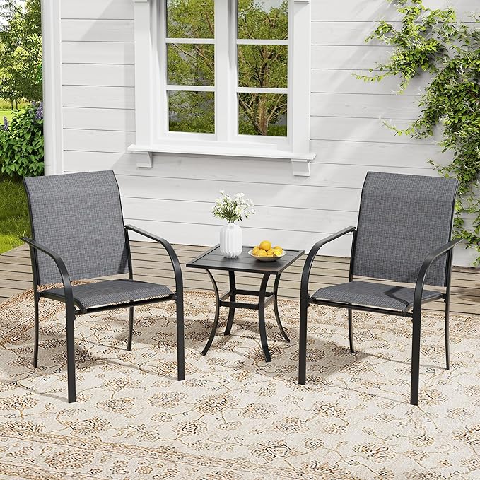 VICLLAX Outdoor Set for 2, Small Patio Table and Chairs Set of Stackable Patio Sling Chairs and Square Dining Table for Front Porch, Dark Grey Fabric and Black Table