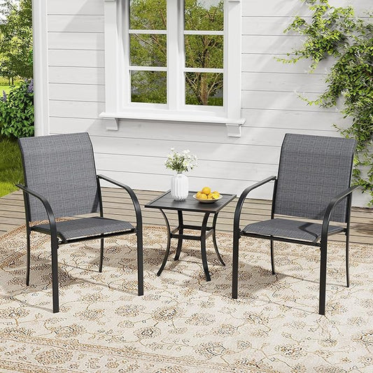 VICLLAX Outdoor Set for 2, Small Patio Table and Chairs Set of Stackable Patio Sling Chairs and Square Dining Table for Front Porch, Dark Grey Fabric and Black Table