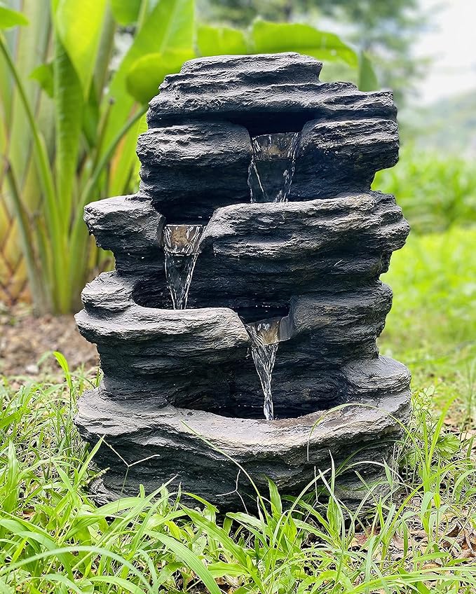 3-Tier Outdoor Water Fountain with LED Lights, 23” Nature Décor Rock Soothing Sound Outdoor Cascading Water Fountains for Garden, Yard, Patio, Lawn