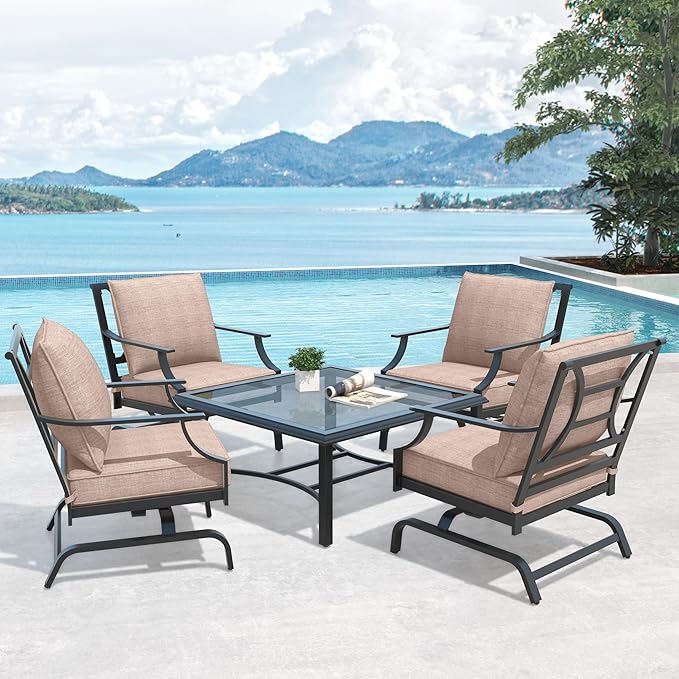 Grand patio 5 Piece Patio Furniture Set Outdoor Motion Conversation Set with Coffee Table,Patio Rocking Chairs with Olefin Beige Cushions for Porch Backyard
