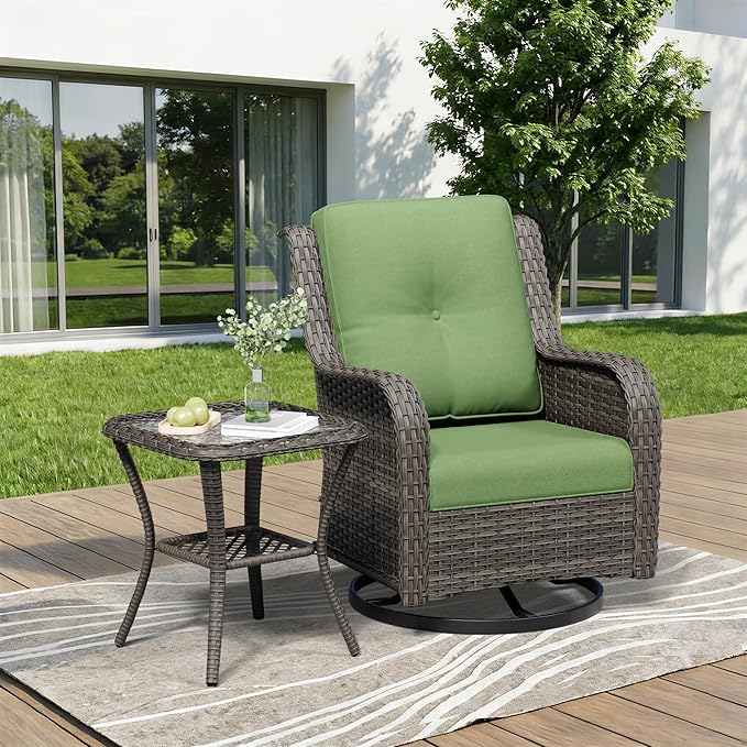 2 Pieces Outdoor Swivel Rocker Patio Chairs Set - Outdoor Wicker Patio Furniture Sets with 1 Side Table, Olefin Fabric Cushions Suitable for Backyard Deck and Porch, Green