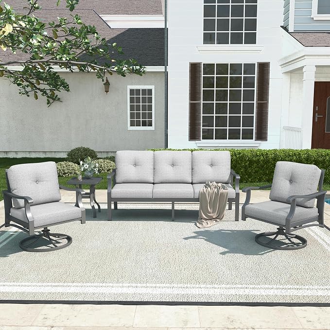 4 Piece Aluminum Patio Furniture Set, Metal Outdoor Conversation Set w/3-Seat Sofa, 2 Rocking Swivel Chairs, Side Table, Patio Bistro Set w/5" Thickened Cushions for Backyard, Poolside, Gray