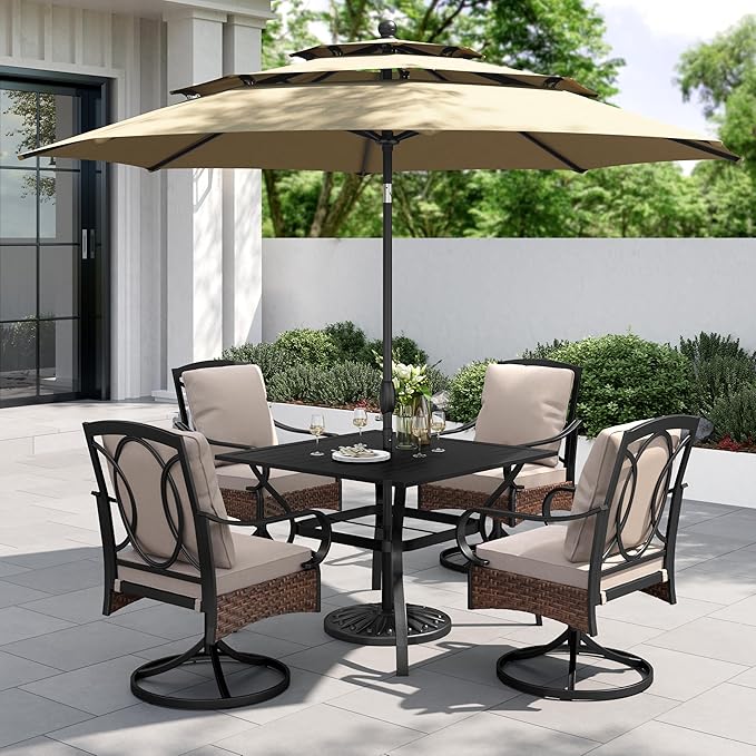 PHI VILLA 6-Piece Outdoor Dining Sets, All-Weather Patio Table and Chairs Set with Umbrella for 4, Heavy Duty Patio Table Set Square for Deck, 4 Extra Large Outdoor Swivel Chairs with Thick Cushions