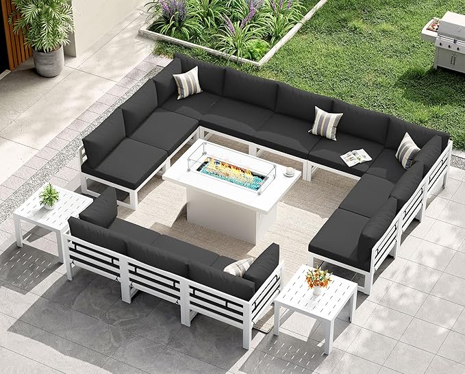 NICESOUL 15 Piece Aluminum Patio Furniture Set with Fire Pit Table, Oversized Modular Outdoor Sectional Sofa, 29 inch Deep Wide Seat， Conversation Set with End Table for Patio Garden Backyard, Black
